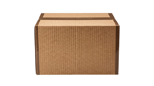 Corrugated cardboard box for shipping and logistics, brown paper delivery parcel, sealed moving container for storage and transport isolated PNG with Transparent Background