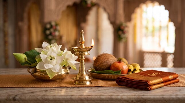 Das Lakshana, elegant close-up composition of white lotus flowers beside polished brass oil lamp, sacred fruits, folded ceremonial cloth, clean minimalist spiritual arrangement