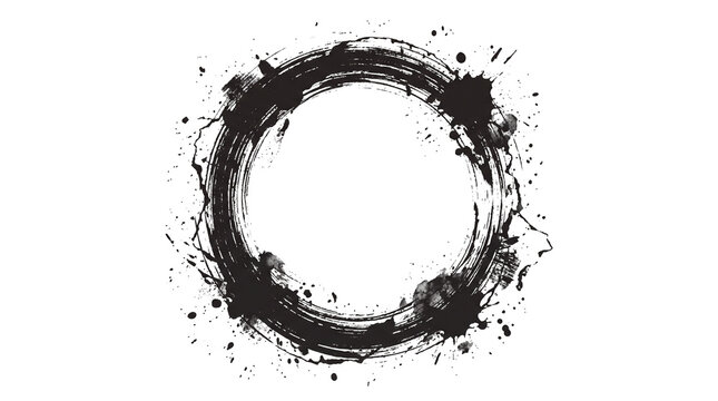Grunge black ink circle frame, hand painted brush stroke border with splatters, artistic round watercolor texture for creative design isolated PNG with Transparent Background