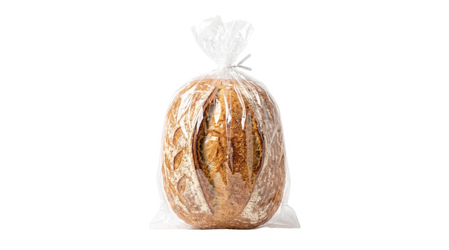 Artisan sourdough bread in clear plastic packaging, fresh crusty loaf for retail sale, golden brown rustic bakery product isolated PNG with Transparent Background