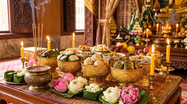 Pchum Ben, close-up composition of traditional Cambodian food offerings arranged in ornate golden bowls, fresh lotus flowers, incense holder, glowing candles, temple-inspired decorations