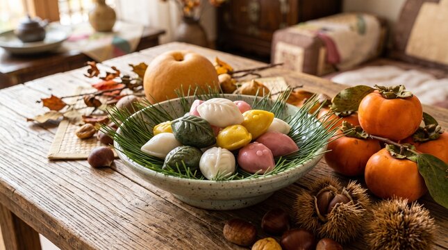 Chuseok, close-up composition of beautifully arranged songpyeon rice cakes on fresh pine needles, ripe persimmons, chestnuts, pears, elegant Korean pottery