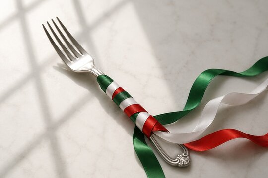Green, white, and red silk ribbons wrapped around a silver fork handle.
