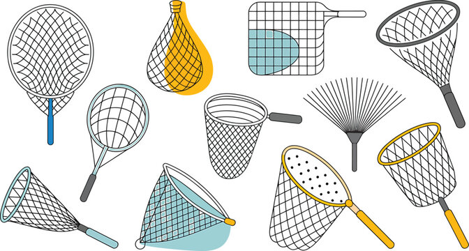 Fishing nets and garden rake collection with various mesh patterns and handle shapes and butterfly net icons set in outline style