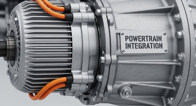 Electric drivetrain component with orange cables showcasing sustainable energy research in powertrain integration technology