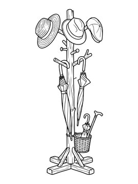 Hand-drawn wooden coat rack with hats and umbrellas for coloring book