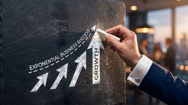 Hand drawing exponential business success growth arrows on slate