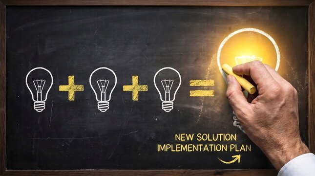 Hand drawing lightbulb equation for new solution implementation plan