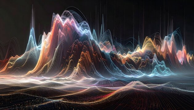 Abstract cyberpunk sci-fi landscape representing digital data frequency soundwaves shaped like sharp neon orange and purple cyber mountain ridges in the dark