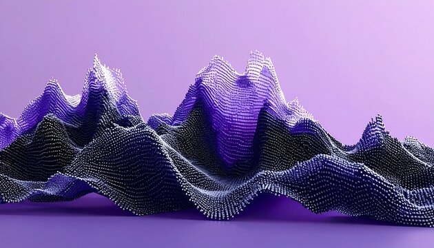Abstract futuristic low poly wireframe landscape of neon purple mountain ridges isolated on white background digital layout asset
