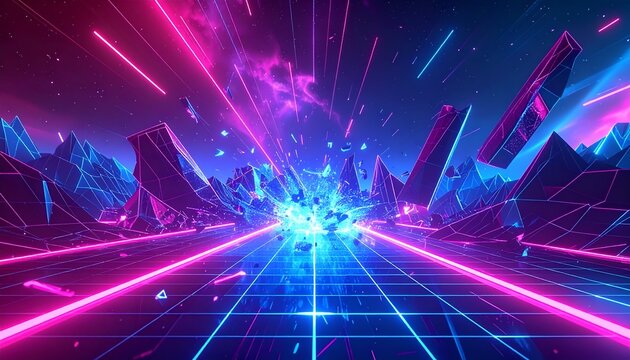A futuristic synthwave city street road with glowing neon purple and pink lights shooting into horizon