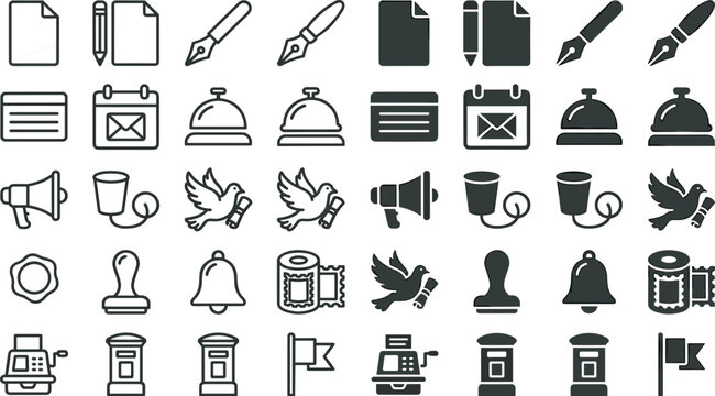 Communication and postal office icon set with letter pen pigeon megaphone bell and stamp linear and glyph vector symbols