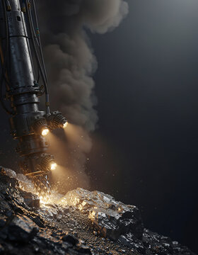 Deep sea mining robotic drill rig crushing underwater seafloor rock with heavy smoke plume