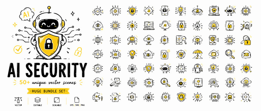 AI Security vector icon set, 50 unique artificial intelligence and cyber protection icons, hand drawn doodle style robot and data safety symbols