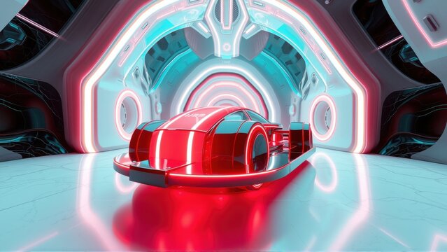 Futuristic vehicle rests within glowing tunnel. Red illumination dominates sleek design, contrasted by cool blue accents. Minimalist, modern aesthetic.