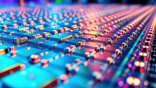Complex circuit board, vibrant colors, futuristic design. Illuminated components create striking visual pattern. Technology focus.