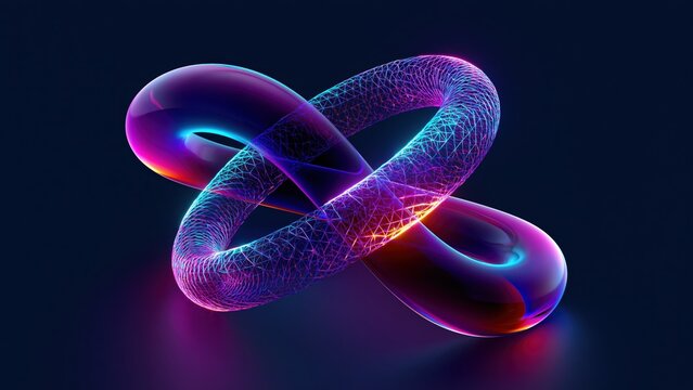 Glowing infinite knot shape made of wireframe glass mesh.