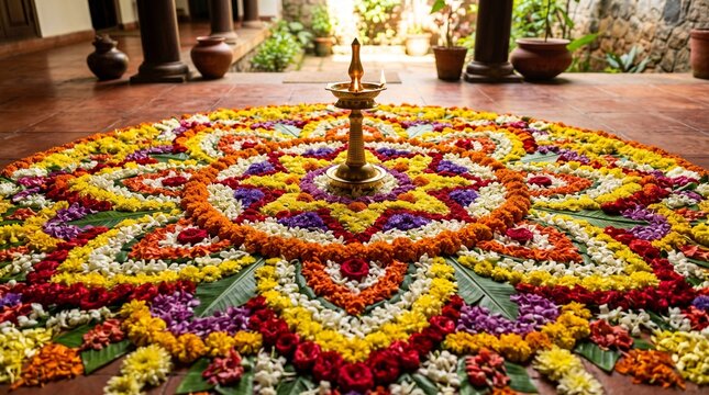 Close-up of traditional Onam floral pookalam filling almost the entire composition, vibrant flower petals arranged in intricate symmetry, brass nilavilakku lamp
