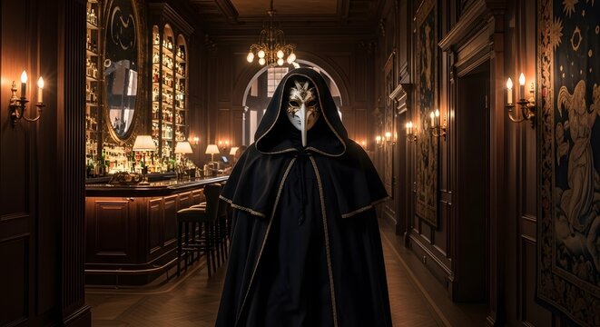 Mysterious fantasy dark wizard plague doctor figure standing inside ancient castle gothic hall