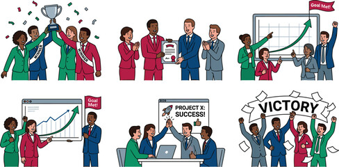Corporate business success concept illustration set showing professionals celebrating victory receiving awards hitting growth targets and high fiving team members vector © Sumita