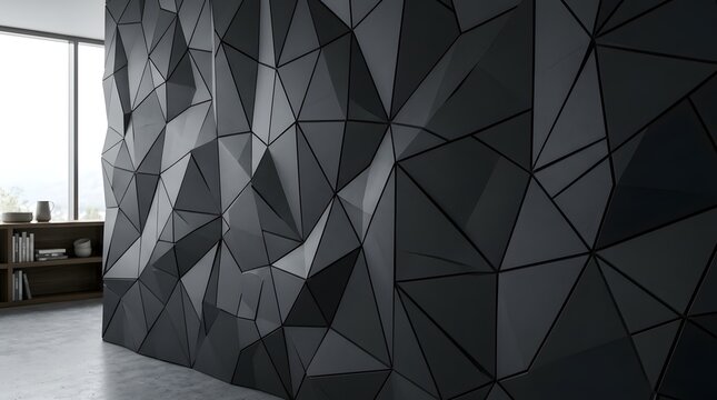 Monochromatic geometric texture, sharp intersecting lines, dark charcoal and black polygonal shapes, premium modern background