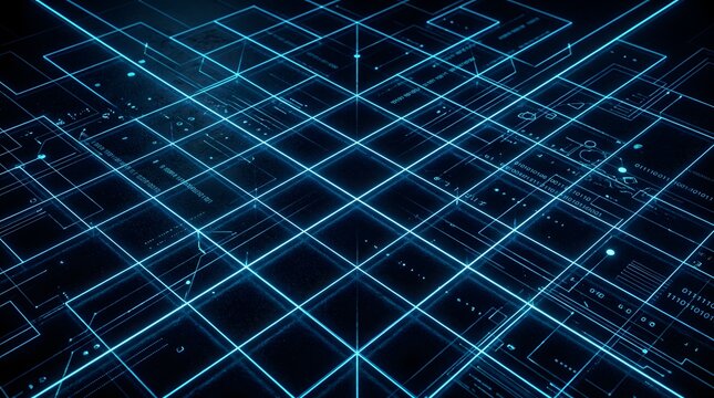 Cyberpunk grid texture background, neon blue grid lines on a dark obsidian backdrop, digital matrix style, tech commercial graphic