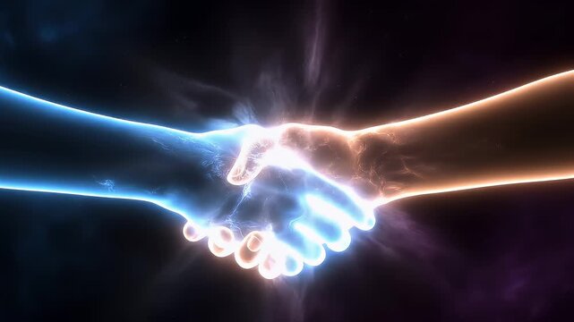 Two glowing hands, one blue and one orange, shake in a symbolic gesture of partnership and agreement.