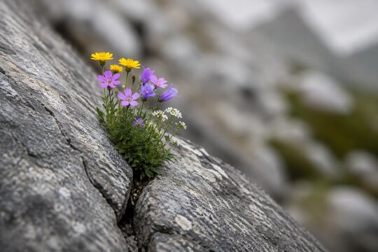 Wildflowers blooming from a crack in a large gray rock.