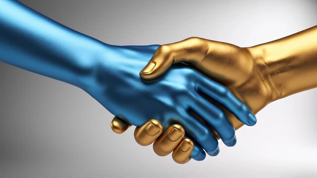 A polished blue hand and a textured gold hand reach out to clasp in a stylized representation of exchange.