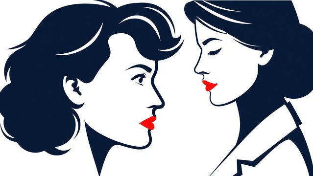 Two minimalist profile illustrations of elegant women with red lips.