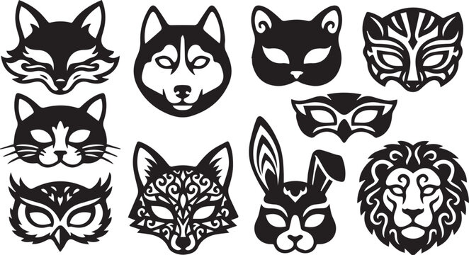 Set of Animal Masks for Carnival Costume and Party Vector Illustration