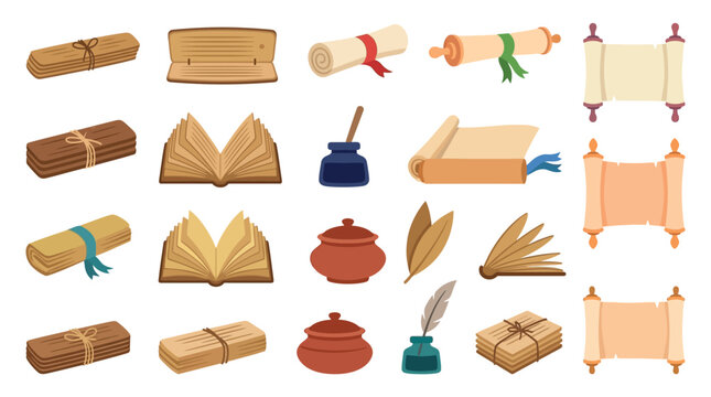 Collection of ancient scrolls, books, inkwells, and quills representing history and knowledge.