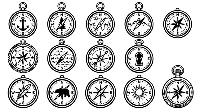 Collection of vintage compasses with various symbols for navigation and exploration.