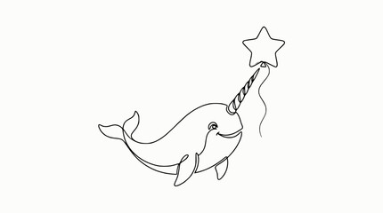 Cute narwhal with star on horn, single line art drawing, minimal design © Wachi