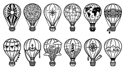Collection of Vintage Hot Air Balloon Illustrations with Diverse Designs. © Rejeki