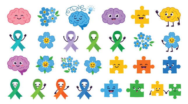 Collection of cute cartoon characters representing awareness ribbons, puzzle pieces, forget-me-not flowers, and smiling brains.