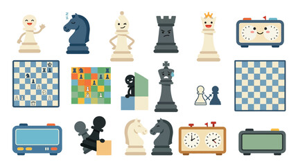 Collection of cute and quirky chess pieces, boards, and timers with expressive faces. © jaina