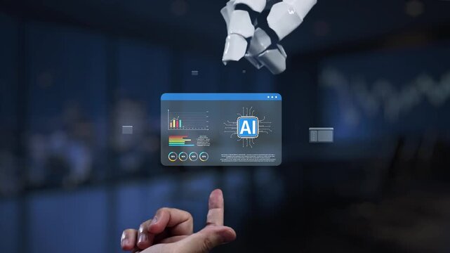 A futuristic robot hand interacts with a variety of digital data visualization screens, showcasing complex information relevant to artificial intelligence and technology. Synapse