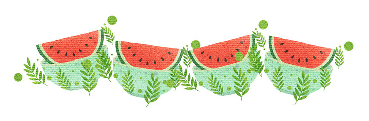 Horizontal bottom border featuring fresh watermelon slices and mint © foxndeer