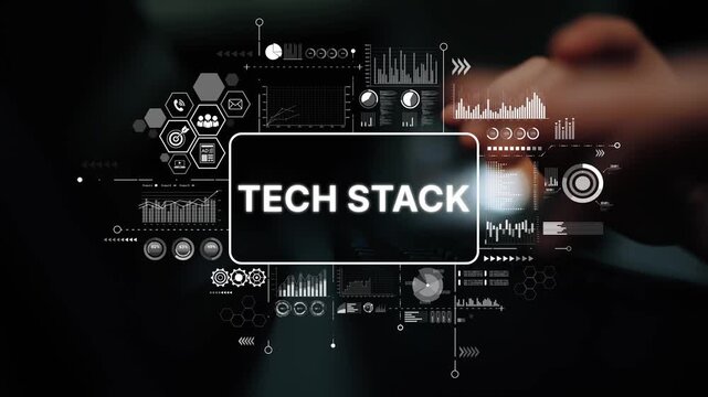 Modern Technology Interface with Hand Interaction and Data Visualization for Tech Stack Overview. Asymptotic smart data analytic.