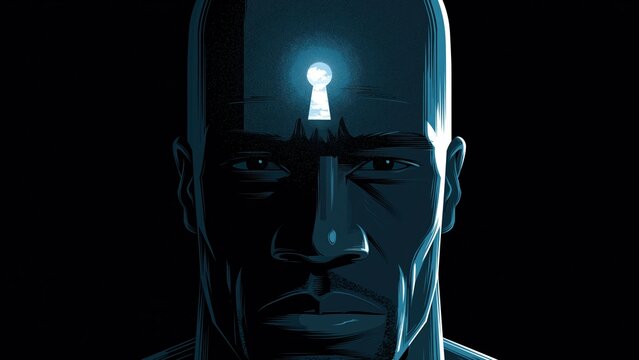 Male face profile with glowing keyhole forehead.