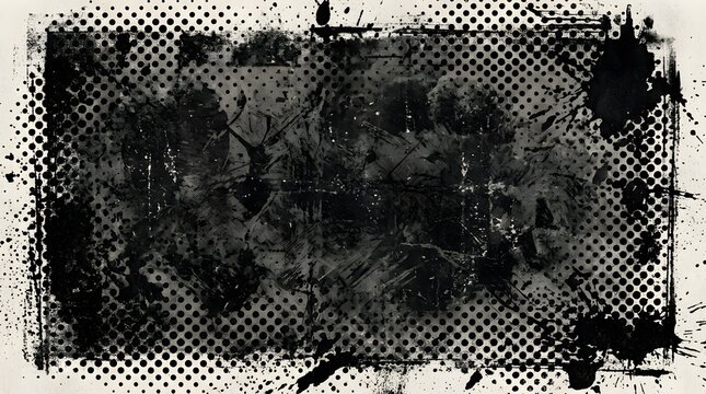 Abstract grunge halftone border texture, heavy ink splatters and dots, weathered screenprint effect.