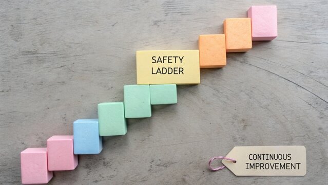 Colorful Building Blocks Forming Safety Ladder with Continuous Improvement Tag on Wooden Background