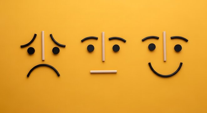 Emotional faces made from everyday objects on yellow background