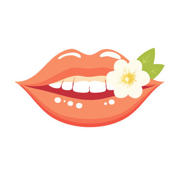 Pink lips with white flower and green leaf illustration