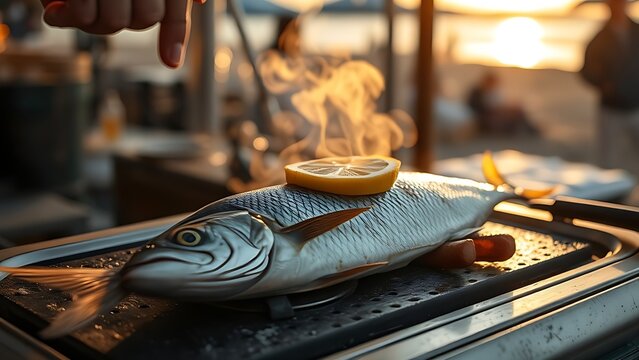 A mackerel grilling on a hotplate, a slice of lemon being squeezed over it.