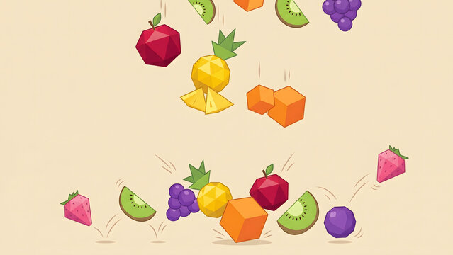 Falling geometric fruits abstract low poly vector illustration