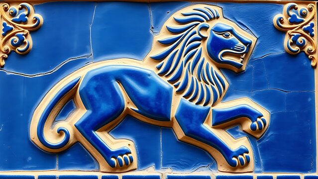 Glazed brick relief of a lion against lapis lazuli blue background with gold accents, intricate patterns.