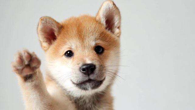 A Shiba Inu puppy posing with a front paw raised.　前足を上げてポーズをとる仔犬の柴犬