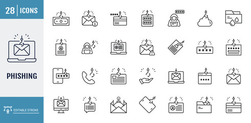 Phishing icon set. Including phishing, scam, thief, cybercrime, password hacking, money theft, data leakage, and more. outline icon set. vector illustration with editable stroke © Control New